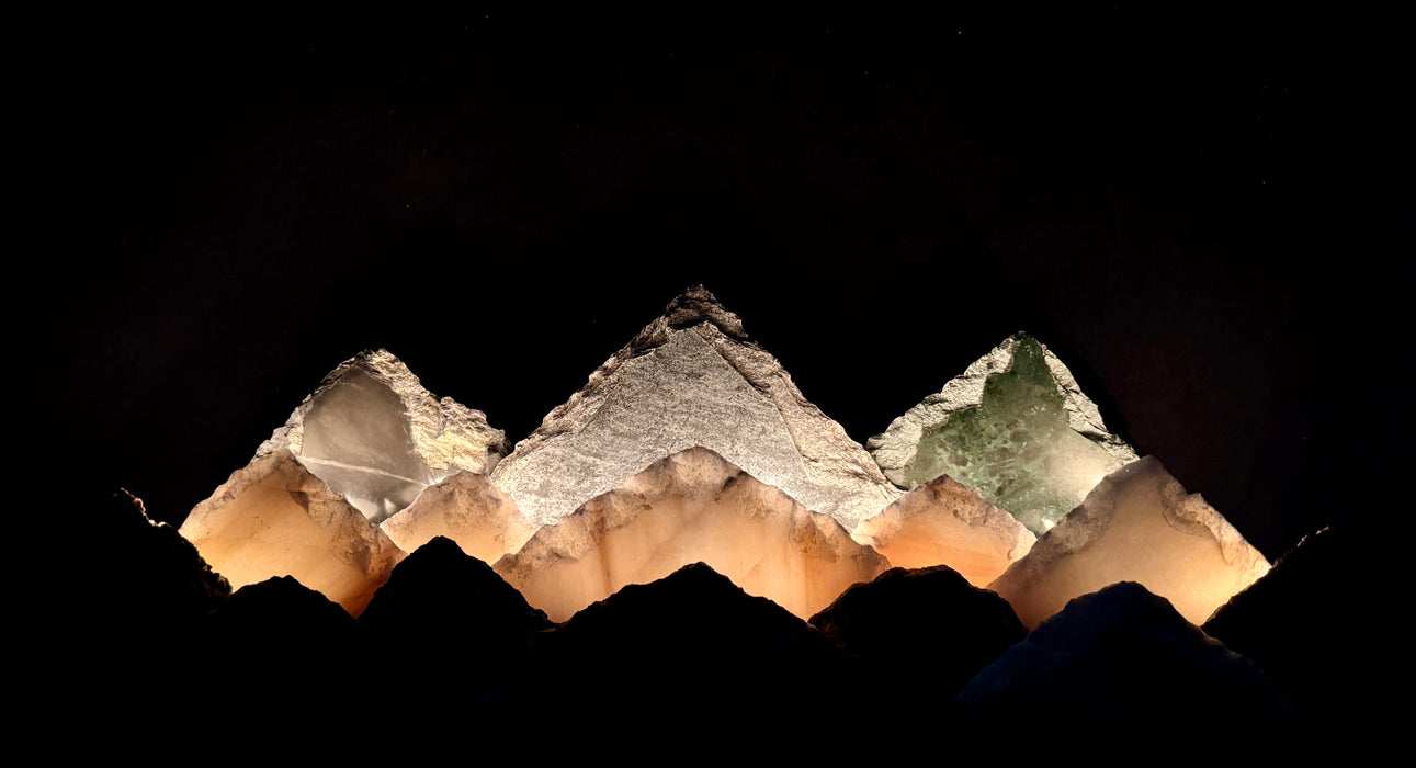 Illuminated marble mountainscape.