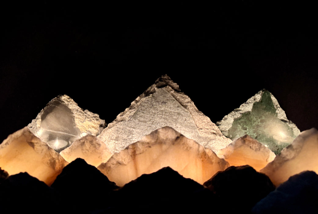 Illuminated marble mountainscape.