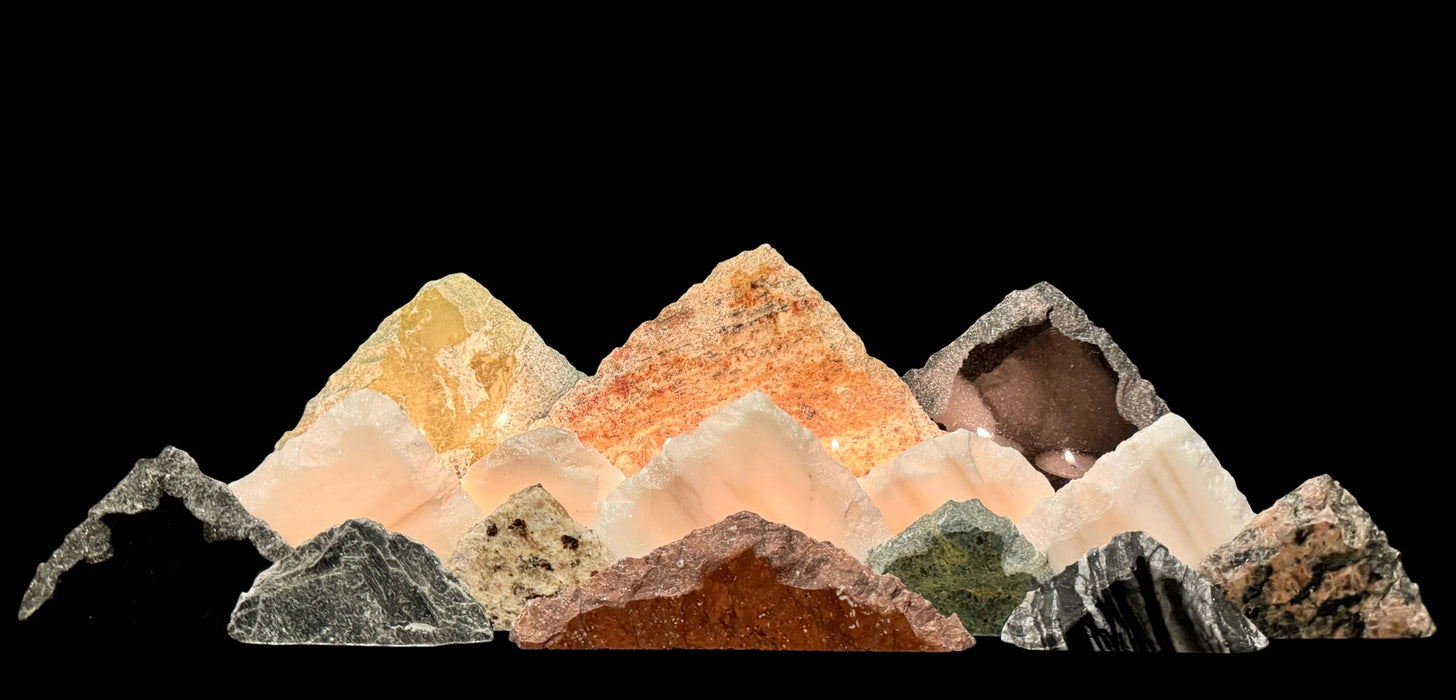 Illuminated marble mountainscape.