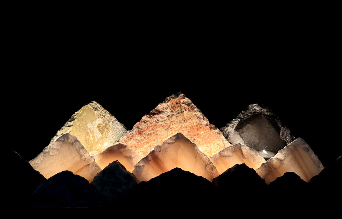 Illuminated marble mountainscape.