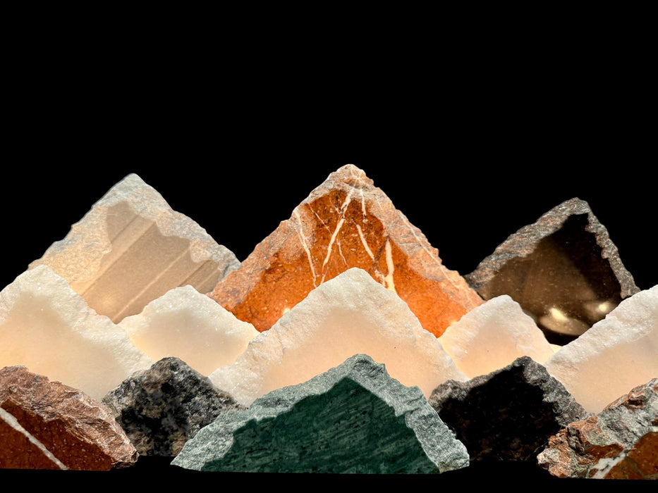 Illuminated marble mountainscape.