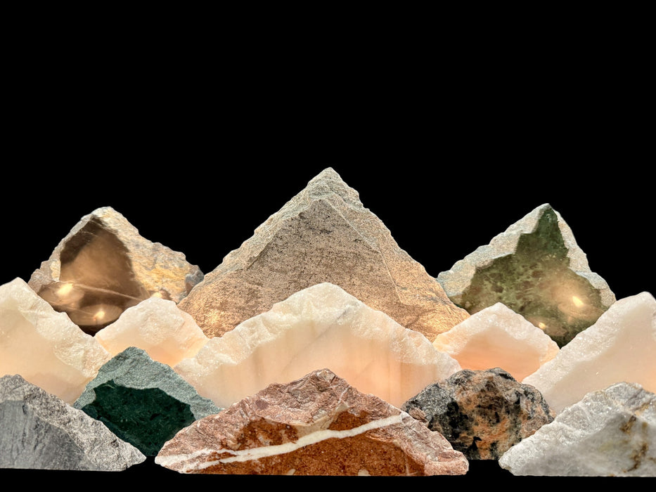 Illuminated marble mountainscape.
