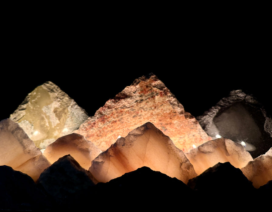 Illuminated marble mountainscape.