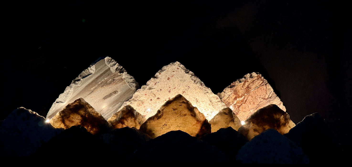 Illuminated labradorite mountainscape.