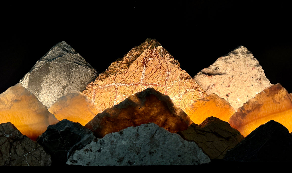 Illuminated onyx/labradorte mountainscape