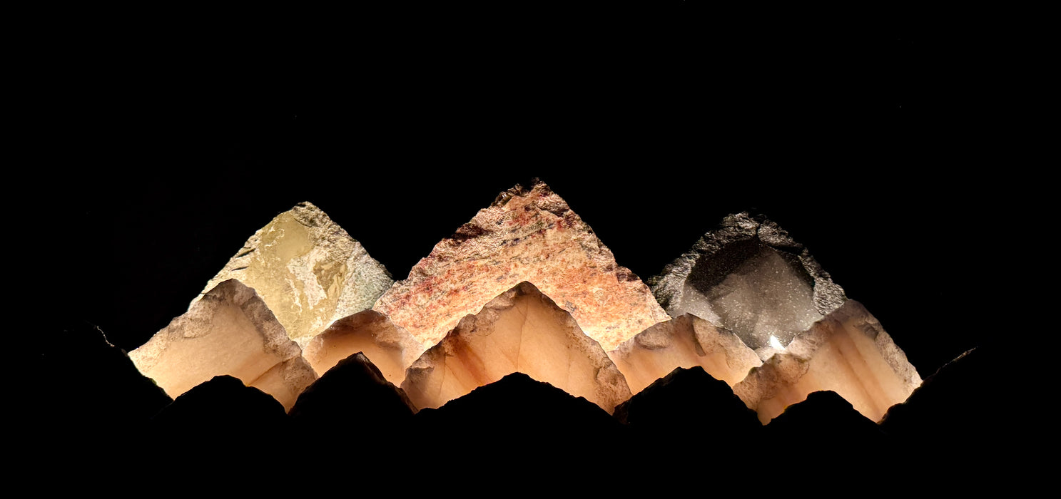 Illuminated marble mountainscape.