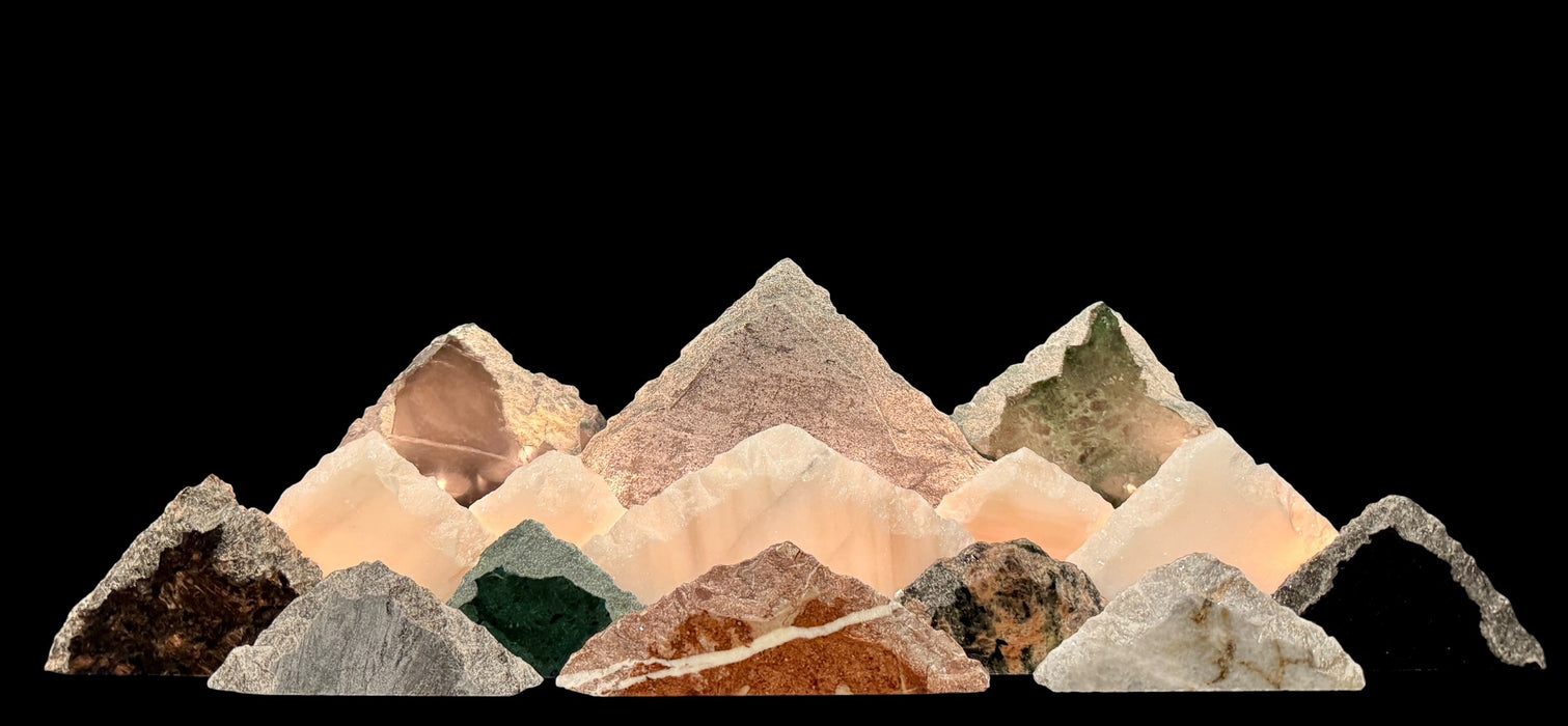 Illuminated marble mountainscape.