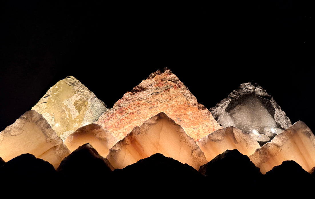 Illuminated marble mountainscape.