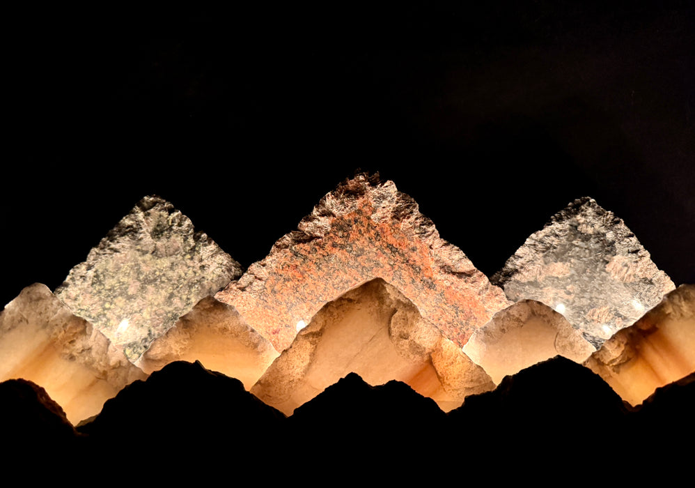 Illuminated marble mountainscape.