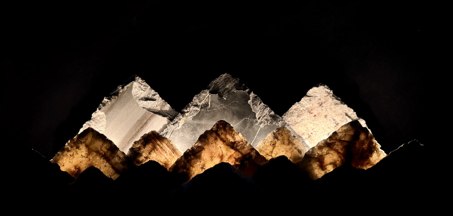 Illuminated labradorite mountainscape.