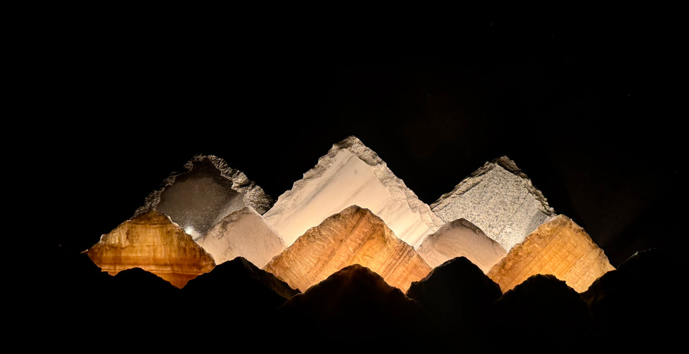 Illuminated marble mountainscape.