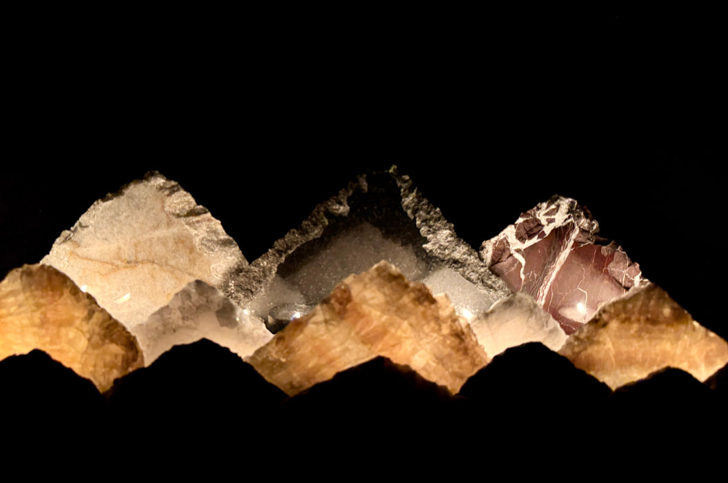 Illuminated marble mountainscape.