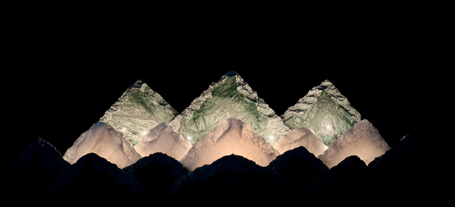Illuminated marble mountainscape.