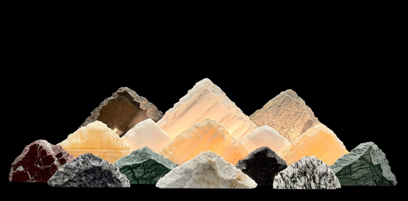 Illuminated marble mountainscape.