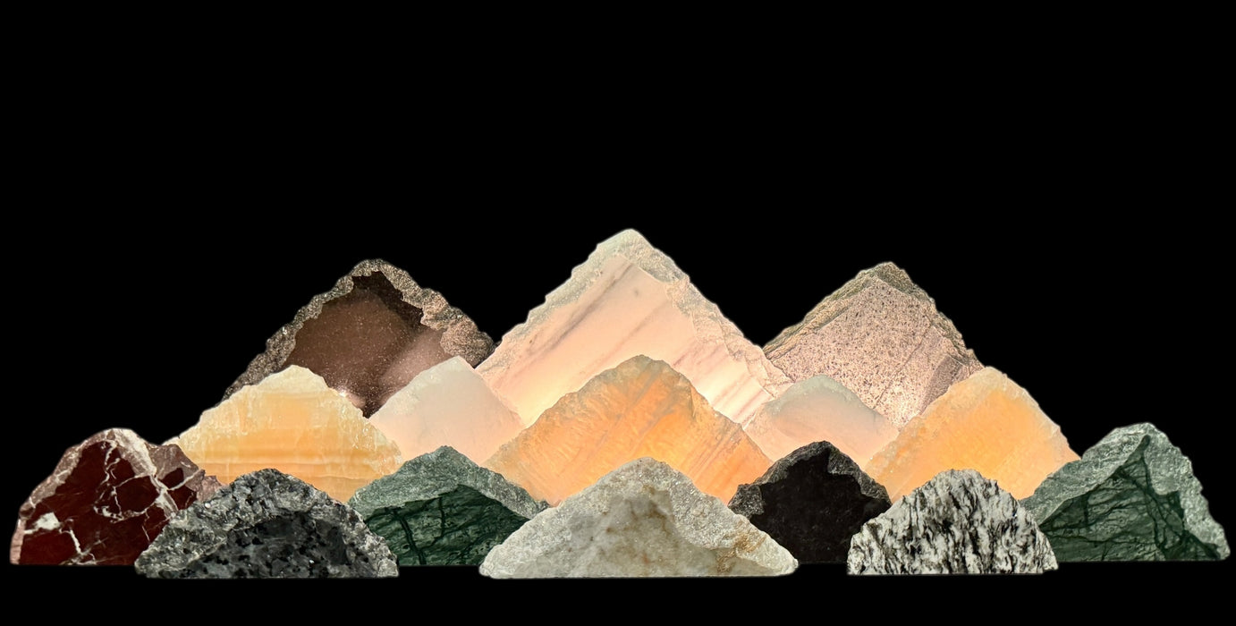 Illuminated marble mountainscape.