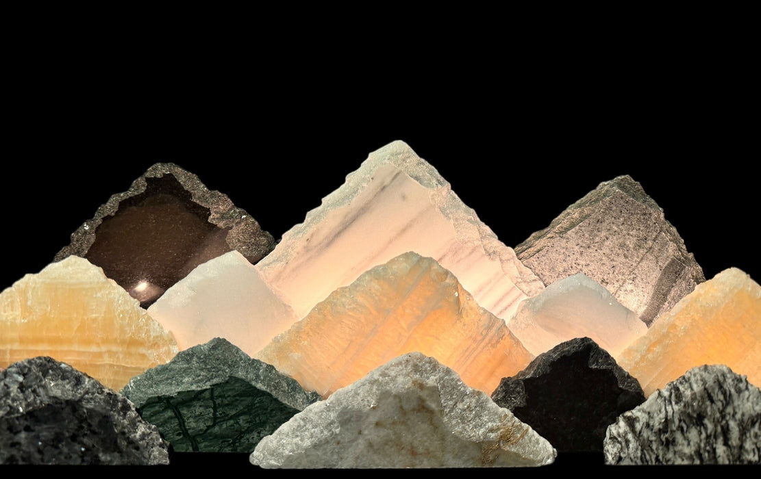 Illuminated marble mountainscape.