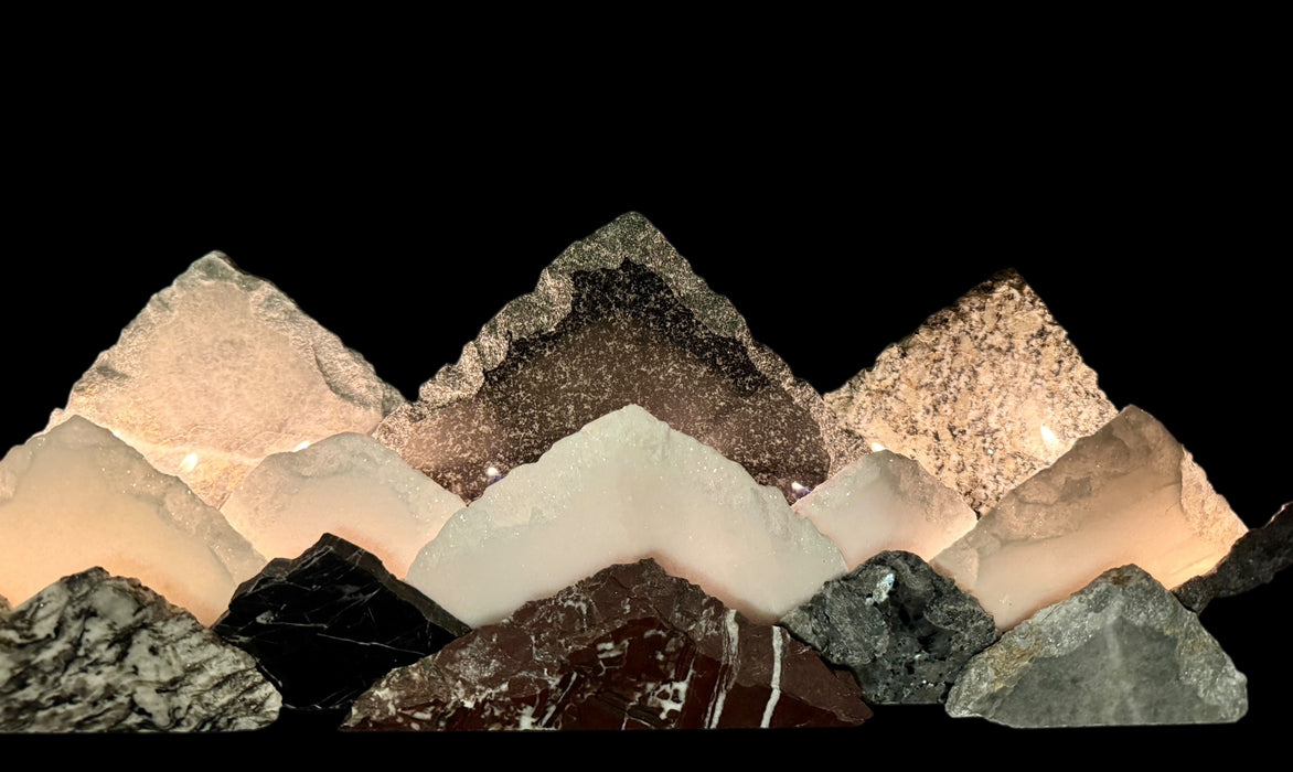 Illuminated marble mountainscape.