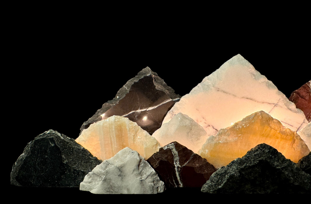 Illuminated onyx mountainscape.