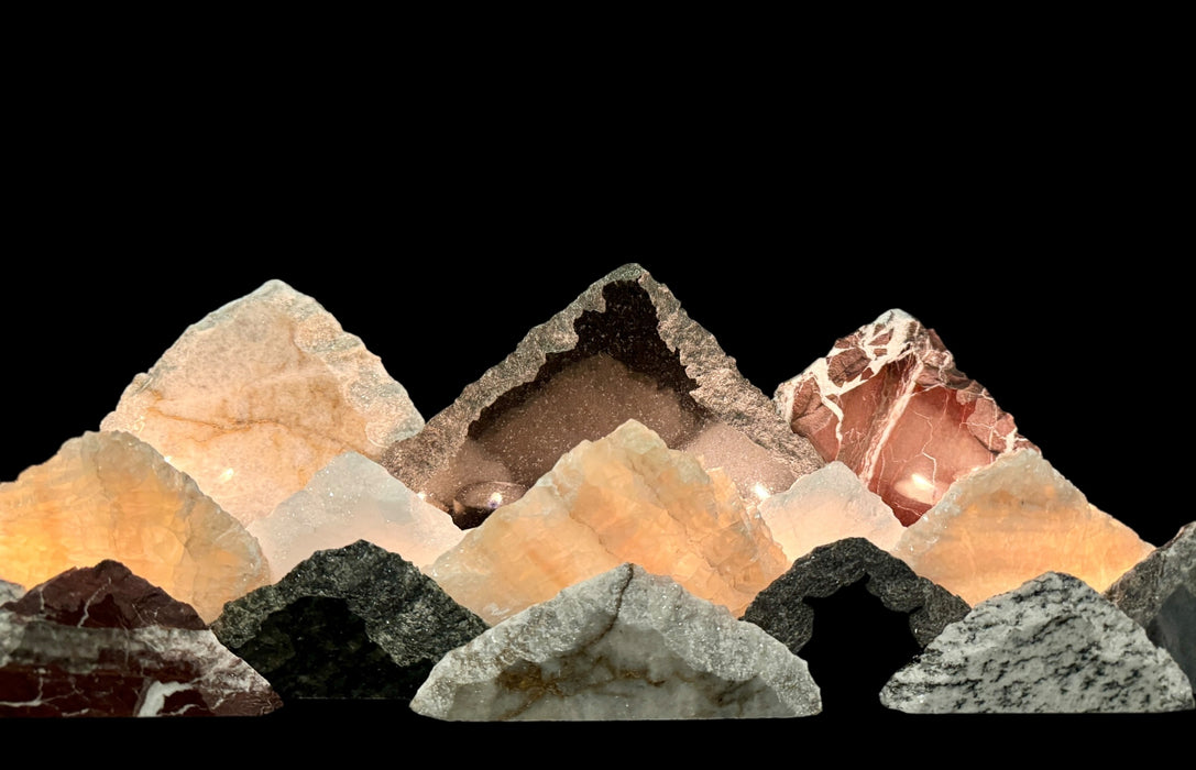 Illuminated marble mountainscape.