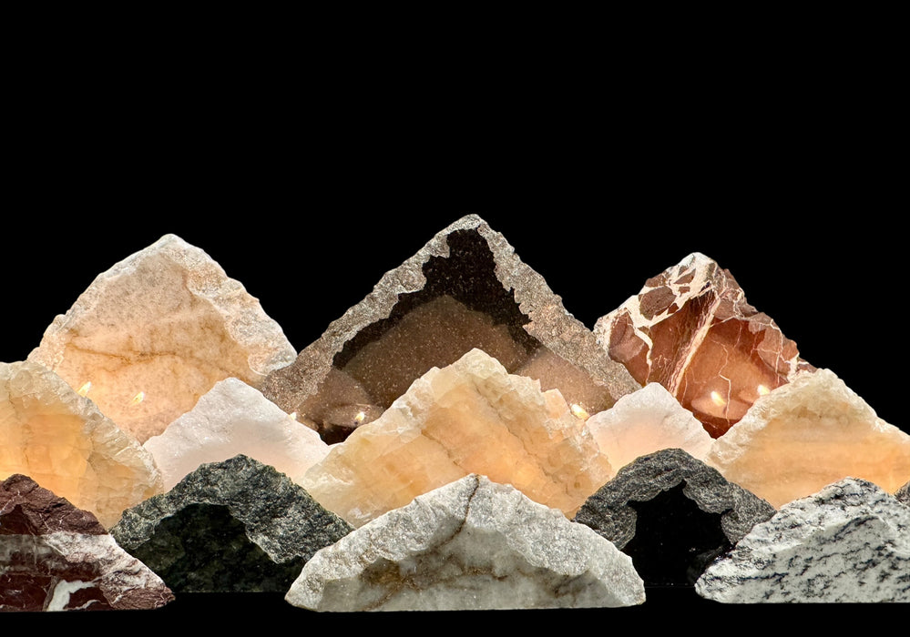 Illuminated marble mountainscape.