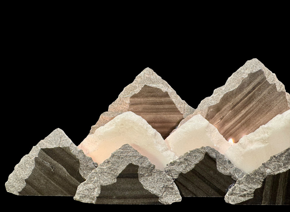 Illuminated marble mountainscape.