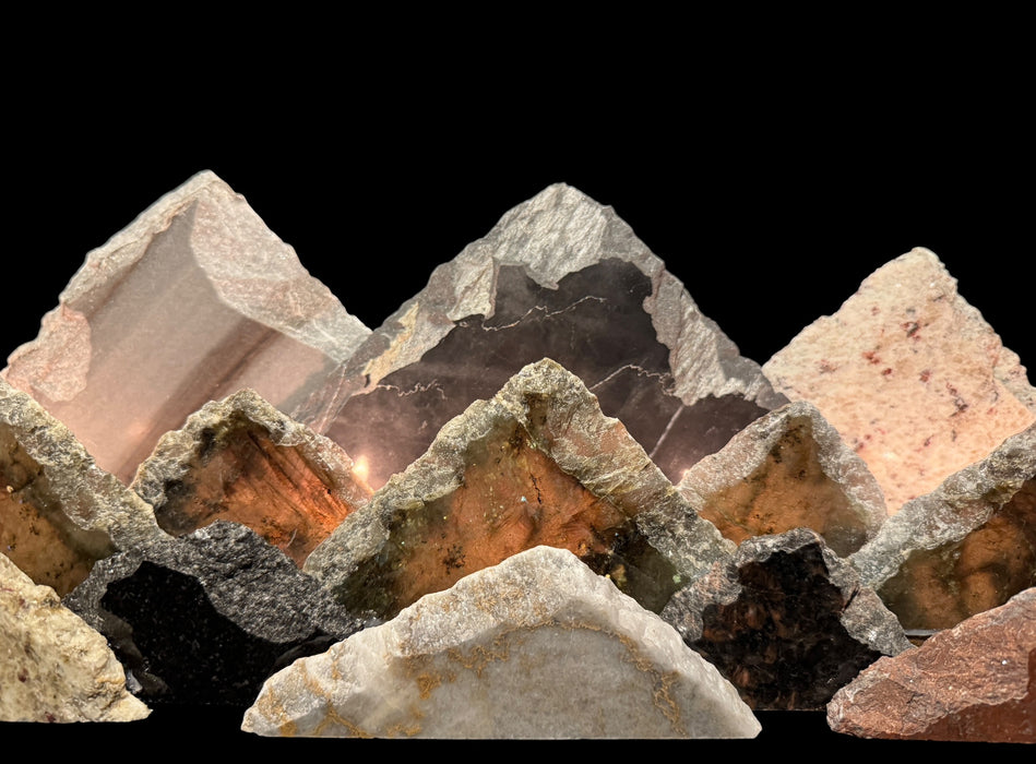 Illuminated labradorite mountainscape.