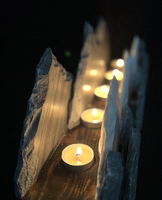 Illuminated marble mountainscape.